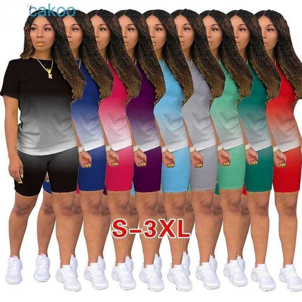 Gradient Designer 2 Piece Pants Set Femmes Survêtements De Sport Casual Sports T-Shirt À Manches Courtes Biker Shorts Costumes Plus La Taille Jogger Vêtements S-5XL