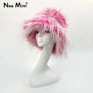 Gradiënt Floppy Nepbont Emmer Hoeden Dames Winter Pluizige Fuzzy Nep Schapenbont Visser Hoed Y2K Punk Lolita Meisjes Designer Caps 240125