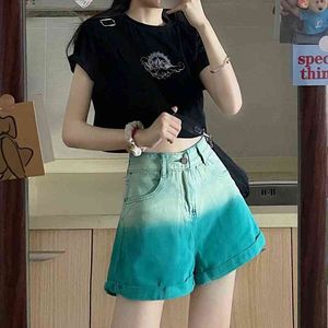 Dégradé vert Denim Shorts grandes femmes été mince taille haute mince pantalon large jambe lâche un mot pantalons chauds mode Y220311