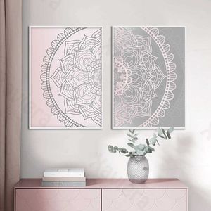 Gradiënt roze grijze mandala abstracte canvas poster boho wall art print schilderij decoratieve afbeelding moderne woonkamer decoratie 210705
