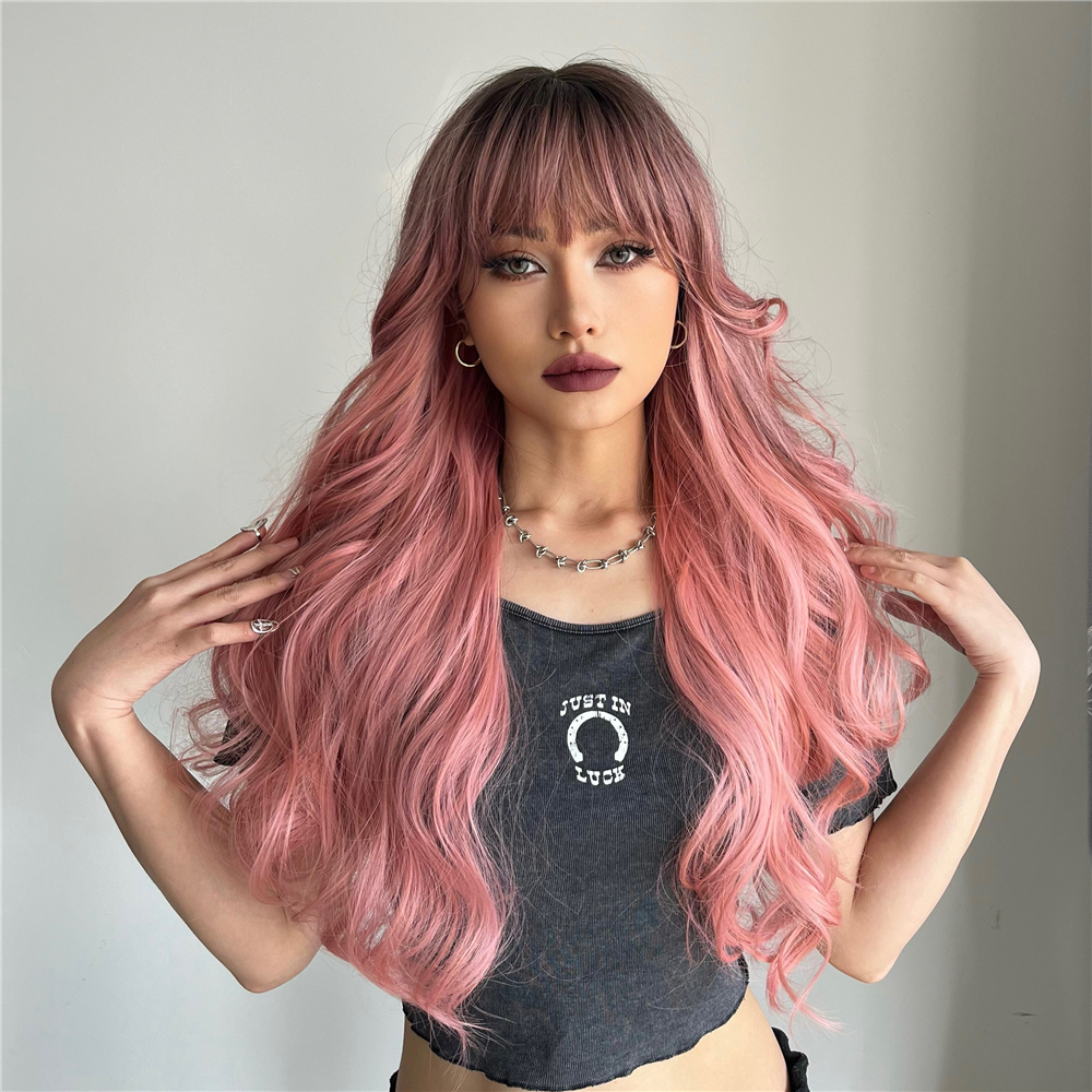 Gradiente Pink peruca rosa Europeu e American Style Lady's Long Curly Hair Wig com franja no meio da loja de cabelo do capô perto de mim
