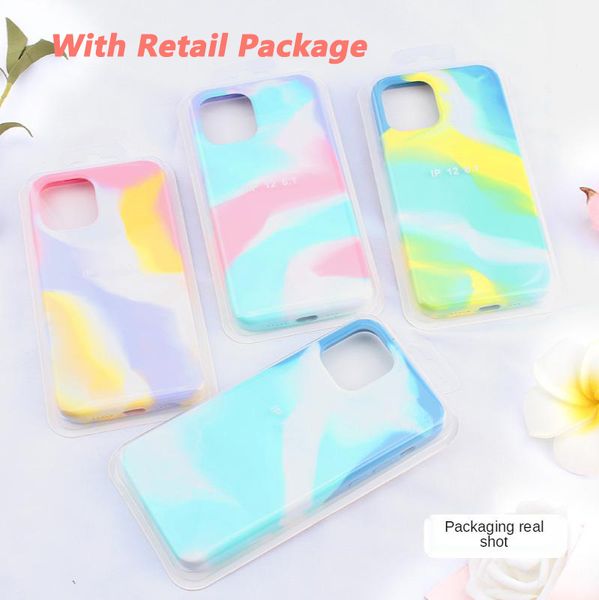 Gradient Rainbow Watercolor Liquid Silicone Téléphone Cois de téléphone pour iPhone 12 Mini 11 Pro XR XS Max X 8 7 Plus Étui de protection contre la protection des choquations avec un forfait de vente au détail