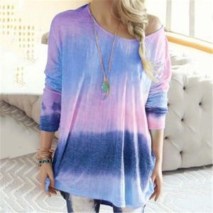 Camiseta con cuello redondo degradado para mujer, tendencia de moda, nuevas camisetas informales holgadas de manga larga, cómodas camisetas de cuello redondo sin tirantes de diseñador para mujer