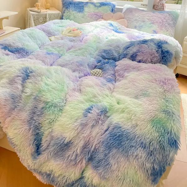 Dégradé Shaggy Corail Polaire Chaud Confortable Vison Velours Couette/Housse de Couette Couverture Taies D'oreiller En Fausse Fourrure De Lapin En Peluche Ensemble De Literie 240118