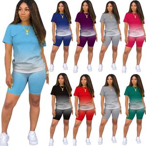 Gradiënt Dames Trainingspakken Designer 2-delige broekenset Casual sport T-shirt met korte mouwen Biker Shorts Suits Dames Grote maten kleding