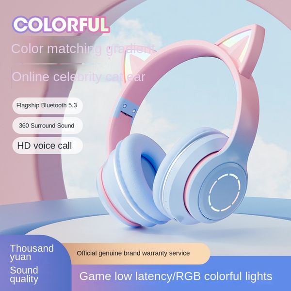 Color gradual Orejas de gato (pan en forma de oreja de gato al vapor) auriculares bluetooth con diadema internet rojo videojuego teléfono móvil auriculares inalámbricos para juegos universales