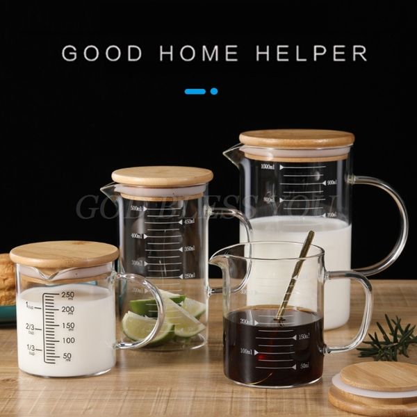 Taza de vaso de precipitados graduada con tapa de bambú y manejar copas de agua de café para el hogar