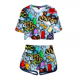 Graffiti 3D Print Ladies Tracksuit Suit 2 pièces pour femmes Crop Top Track Suit Two Piece Top top and Shorts Setwear