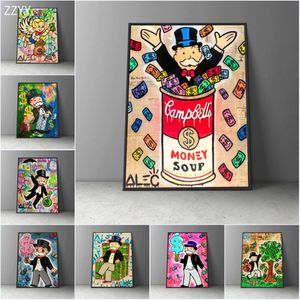 Graffiti Kunstwerken Alec Monopoly Rich Man Dollars Geld Pop Art Canvas Poster Schilderij Cartoon Street Art Muur Pictrue Home Decor224P