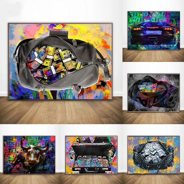 Graffiti Bull Dollar teclado impreso colorido lienzo pintura imprimir carteles coche deportivo lujo pared arte cuadro decoración del hogar Cuadros