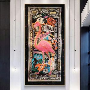 Graffiti Flamingo sur Golden Dollar Art abstrait imprime des images d'argent sur toile peinture murale pour salon décor à la maison Posters325Q