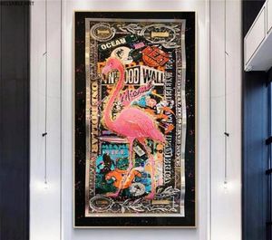 Graffiti Flamingo sur Golden Dollar Art abstrait imprime des images d'argent sur toile peinture murale pour salon décor à la maison affiches 4365142