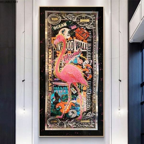 Graffiti Flamingo sur Golden Dollar Art abstrait imprime des images d'argent sur toile peinture murale pour salon décor à la maison affiches311n