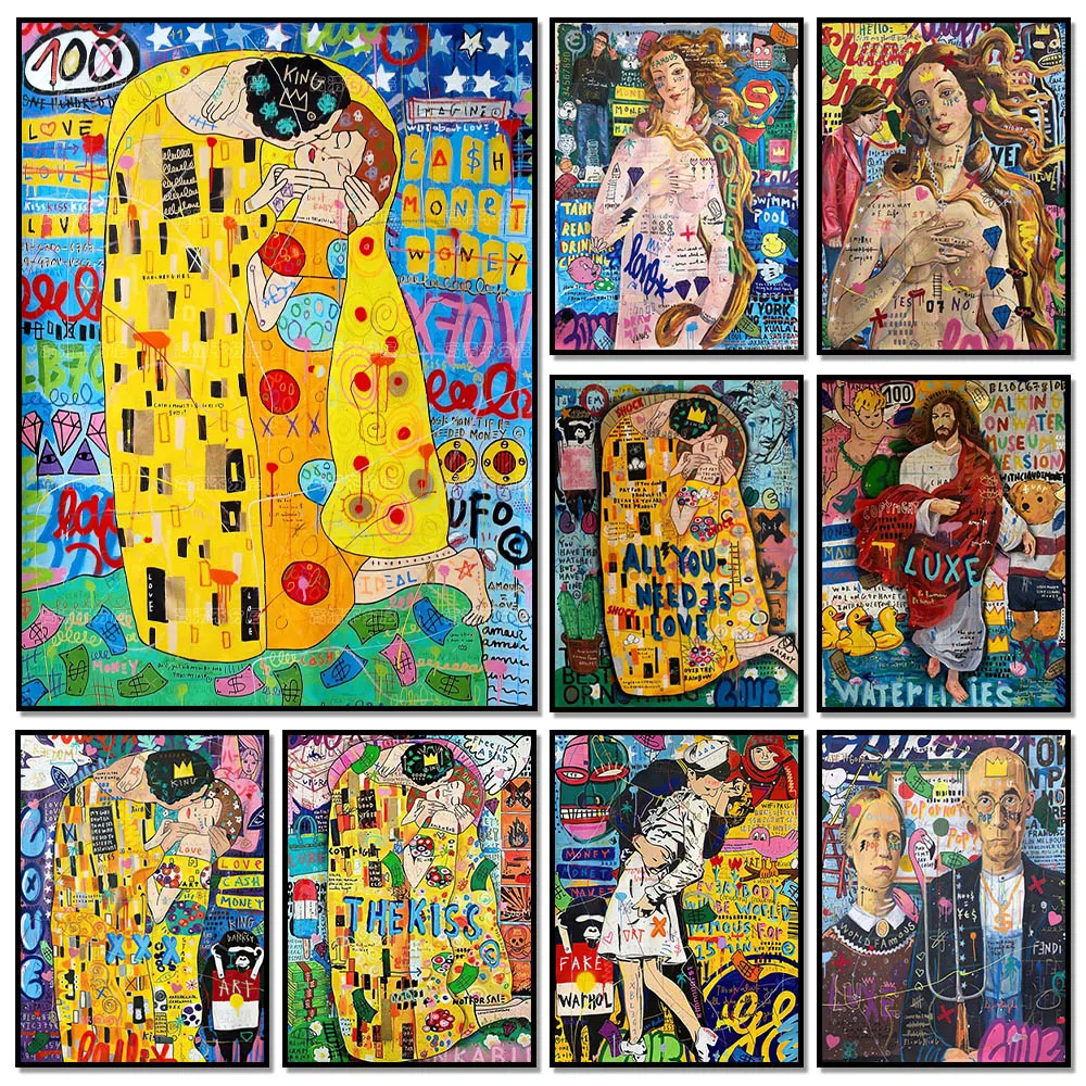 Graffiti Gustav Klimt Meisterwerke Kuss Wandkunst Poster Amerikanische Gothic Wanddexus moderne Wohnkultur Leinwand Malerei Bilder Drucke Drucke