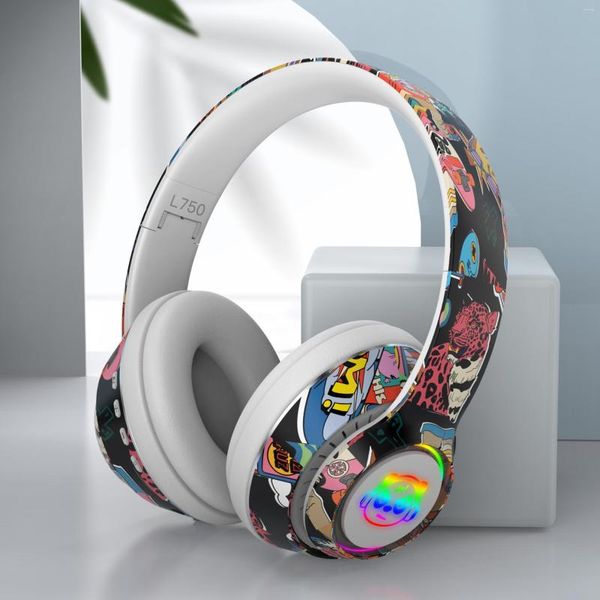 Auriculares con grafiti Bluetooth 5,1 para DJ, auriculares inalámbricos para jugadores con micrófono, luz LED RGB para niños, PC, auriculares, compatible con tarjeta TF