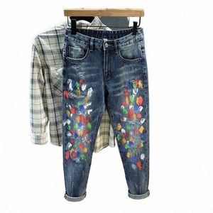 Graffiti Jeans Hommes Streetwear Fi Spray-peint Y2K Skinny Jeans Pantalon Homme Élastique Effiloché Dessin Coloré Denim Pantalon 08uC #