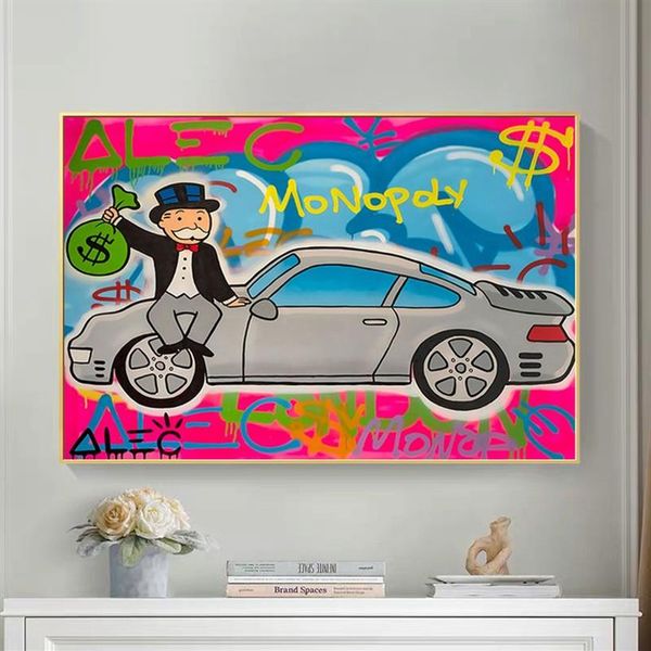 Graffiti vieil homme avec sac d'argent en dollars et affiches et impressions de voiture ALEC peintures sur toile photos d'art mural pour salon maison Dec2697