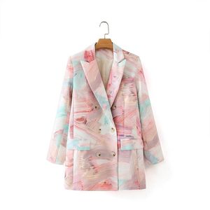 Graffiti Print Chic Blazers Dames 2021 Mid Lengte Double Breasted Vintage Casual Pakken Lente Herfst Leuke Lange Mouw Blazer Dames