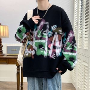 T-shirt met graffitiprint en lange mouwen voor heren Lente en herfst Ronde hals Losse mode Hoodie Trend Ins Ruffian Knappe Veelzijdige top