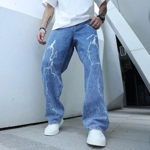Graffiti Printing Jeans Mens Gradient Gradient Hip Hop pantalon Harem Cartoon Loose Casual Ankle Banded Pants Cargo Denim for Men 240426