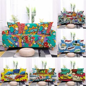 Graffiti Style Sofa Slipcovers Stretch Couch Cover para sala de estar Dibujos animados extraíbles y lavables 1/2/3/4 plazas 211116