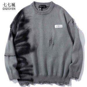 Graffiti Sweater Men Spring herfst Streetwear Hip Hop Hole Harajuku pullover mannen Oversized paar breien trui 2021 NIEUW T220730