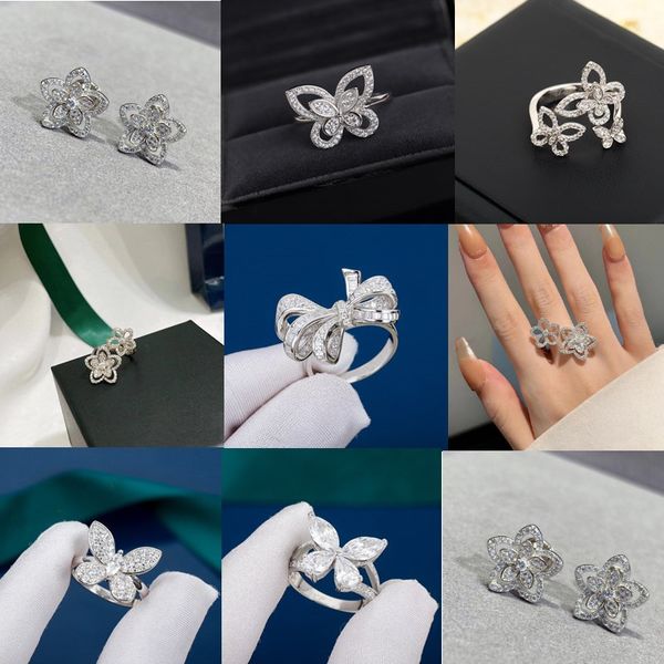 GRAFFS con caja Anillo de bodas para mujer Pendiente Diseñador Forma de mariposa Joyería Plata de ley 925 Diamantes blancos clásicos Tamaño 6-8 cm Anillos Pareja Regalos de Navidad