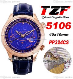 TZF Grand Complications 5106 Sky Moon Celestial A240 Reloj automático para hombre Oro rosa Esfera azul Correa de cuero Relojes Super Edition Puretime F025j10