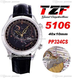 TZF Complicaties 5106 Sky Moon Celestial A240 Automatische heren Watch Steel Case Black Dial Leather Strap Super Edition Horloges Puretime F025G7