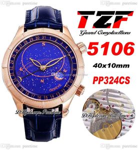 TZF Grand Complicaties 5106 Sky Moon Celestial A240 Automatische Mens Watch Rose Gold Blue Dial Leather Riem Super Edition Horloges Puretime F025J10