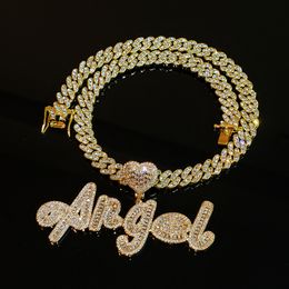 Grandbling nom personnalisé collier avec coeur strass chaîne cubaine mot glacé CZ personnalisé Hiphop bijoux 220722