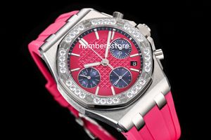 Fuchsia Grande Tapisserie Cadran Montre Femme Diamants Montres Femme Acier Inoxydable 7750 Chronographe Flyback Automatique Cristal Saphir Montre-Bracelet De Luxe 38mm