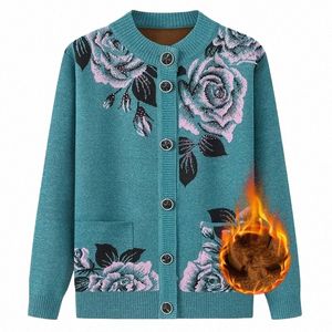 Pull de grand-mère Cardigan Plus Veet Mère âgée d'âge moyen Automne Hiver Manteau tricoté Épaissir Chaud Lg Manches Top Femmes G4gJ #