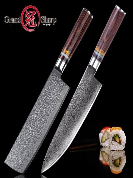 GRANDSHARP 2 piezas Damasco Juegos de cuchillos de cocina Japonés vg10 Acero Chef Nakiri Usuba Cuchillos de cocina Verduras Herramientas de cuchilla con G7853033