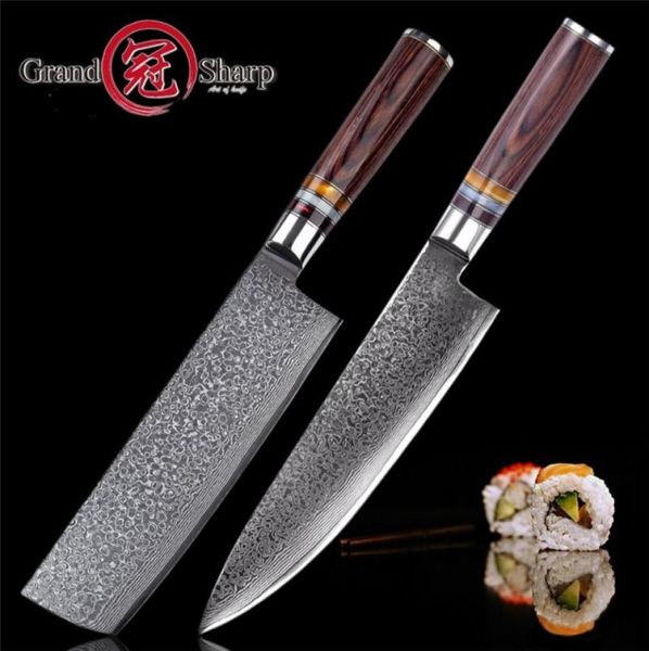 Grandsharp 2 PCS Damasco Knives de cocina Conjuntos de chef de acero japonés VG10 Nakiri Usuba Knives Vegetales Herramientas con G1460759