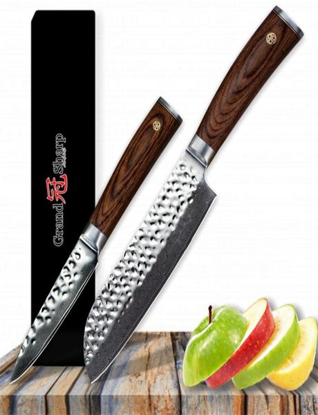 Grandsharp 2 PCS Kitchen Knife Set Santoku Paring Knife Set VG10 Japanese Damasco Kitchen Knives 67 Capas Damasco Japonés Stee5392493