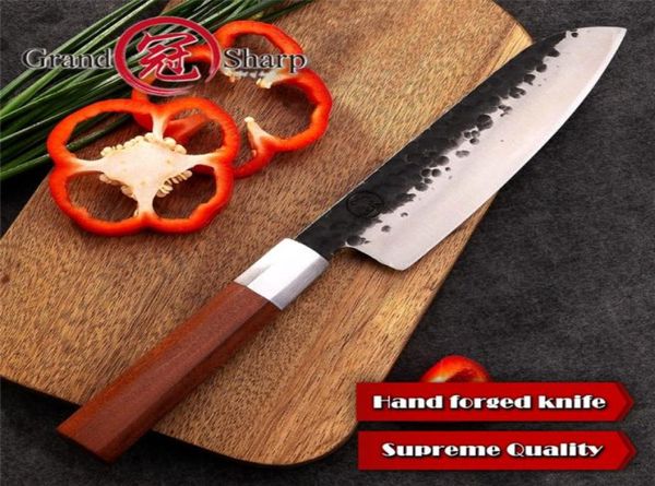 Couteau Grandsharp Santoku 7 pouces couteaux de cuisine faits à la main couteaux de cuisine japonais en acier à haute teneur en carbone Chef039s outil de cuisson à trancher4973176