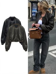 Graouy Chaqueta bomber vintage de piel sintética para mujer Estilo 240117