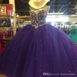 Vestido de fiesta de uva Vestidos de quinceañera de tul Sin tirantes Con cuentas de cristal Una línea Hasta el suelo Corsé Volver Dulce 16 Vestidos de baile por encargo326e