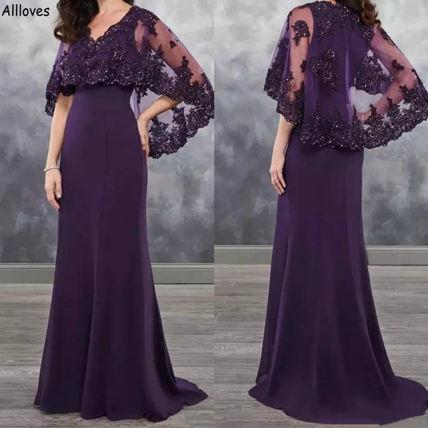 Uva Púrpura Elegante Satén Vestidos para madre de la novia con encaje Chaqueta de capa con cuentas Ocasión formal Vestidos largos de fiesta de invitados de boda de sirena para mujer Tallas grandes CL2215