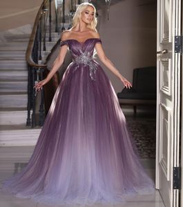 Vestido de fiesta largo morado de uva, Vestidos de noche con apliques de lentejuelas y tul brillante, Vestidos de fiesta para desfile con hombros descubiertos, Vestidos de mujer