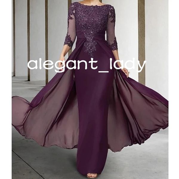 Raisin violet Vintage mère de mariée robes bijou paillettes appliques manches longues marraine robes de soirée de mariage