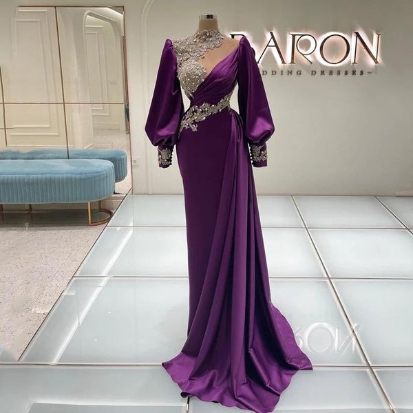 Robe de bal arabe en forme de raisin, manches longues, dentelle perlée, col haut, style sirène, dubaï, 2022