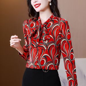 Chemise graphique pour femme Designer manches longues Vintage ruban noeud chemises bureau dames imprimer chemise bouton formelle 2023 automne hiver polyvalent piste Blouses hauts rouges