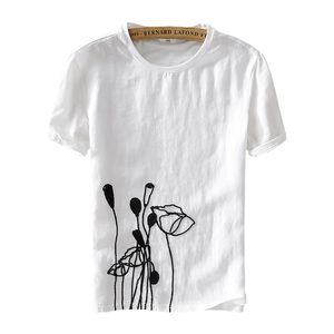 Graphique T-shirts Homme À Manches Courtes Coton Lin Splicing Tees Casual T-shirts pour Hommes Blanc Rose Lotus Impression Tops Vêtements 210601