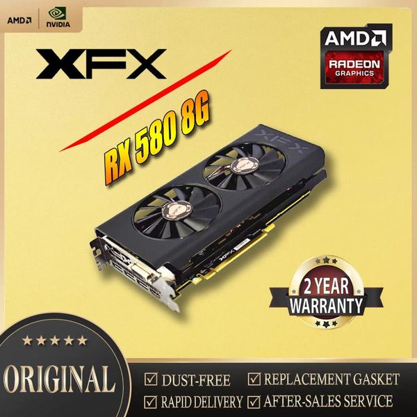 Cartes graphiques XFX AMD Radeon RX580 8G 2048SP Double ventilateur 14nm 256bit GDDR5 8PIN vidéo ordinateur de bureau carte de jeu utilisé