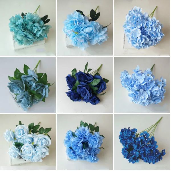 Pierres tombales série bleue Rose fleurs artificielles branche de haute qualité fausses fleurs accessoires de décoration de mariage maison cadeau de saint valentin