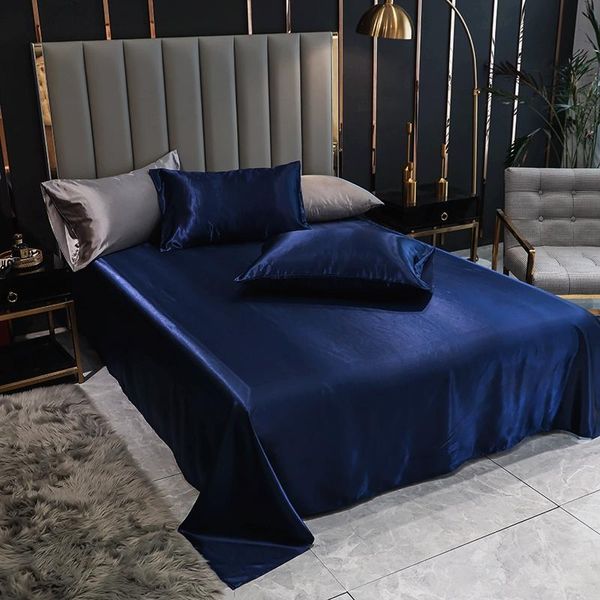 Pierres tombales Bonenjoy 1pc Linge de lit Satin Bleu Couleur Unie Lisse Queen Size Drap de lit Plat King Drap de Dessus pour Lits (taie d'oreiller Besoin de Commande)