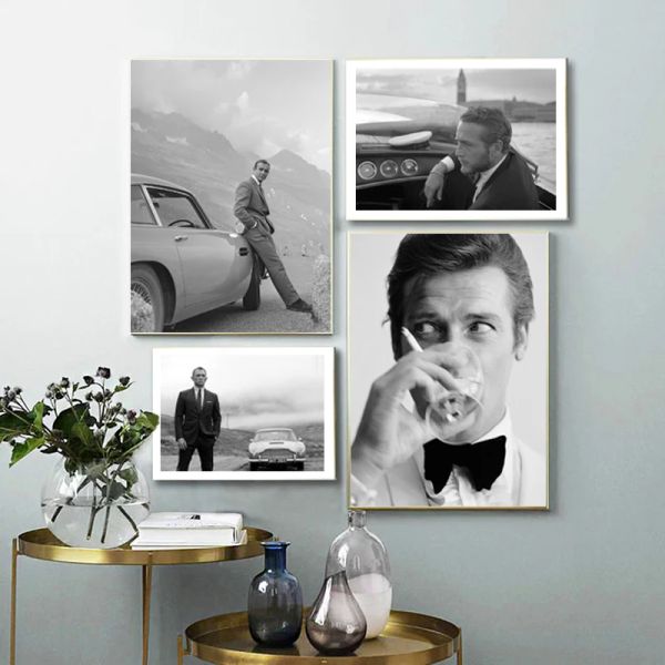 Pierres tombales Gentleman Spy Movie 007 Affiche Bond Cars Noir et Blanc Acteur Imprime Film Toile Peinture Mur Art Photo Salon Décor