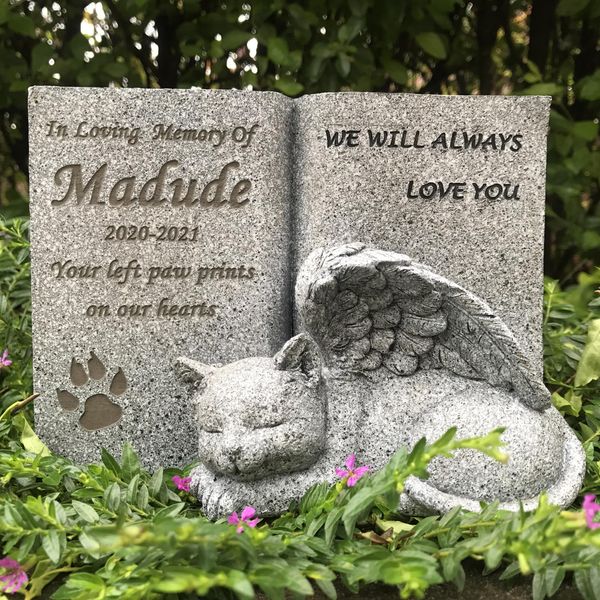 Lápidas Estatua de tributo del marcador de tumba conmemorativo del animal doméstico del ángel del gato personalizado, nombre y fecha personalizables de la piedra conmemorativa del gato